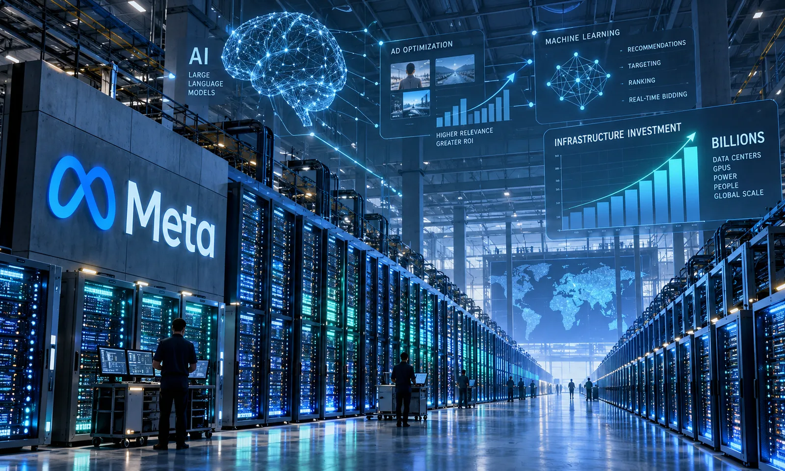 AI-generated conceptual data centre illustration representing large-scale Meta AI infrastructure and capital expenditure; charts are decorative, not factual.