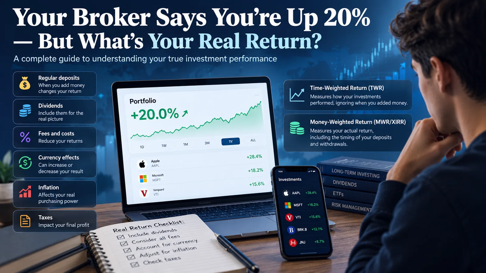 Illustration of a brokerage account showing a headline 20 percent gain alongside factors that affect an investor's actual return.