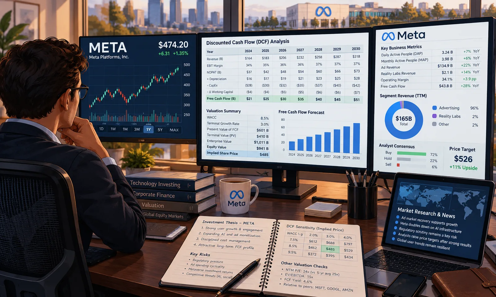 AI-generated illustration of a financial analyst examining Meta valuation dashboards; any figures visible inside the illustration are fictional and not research data.