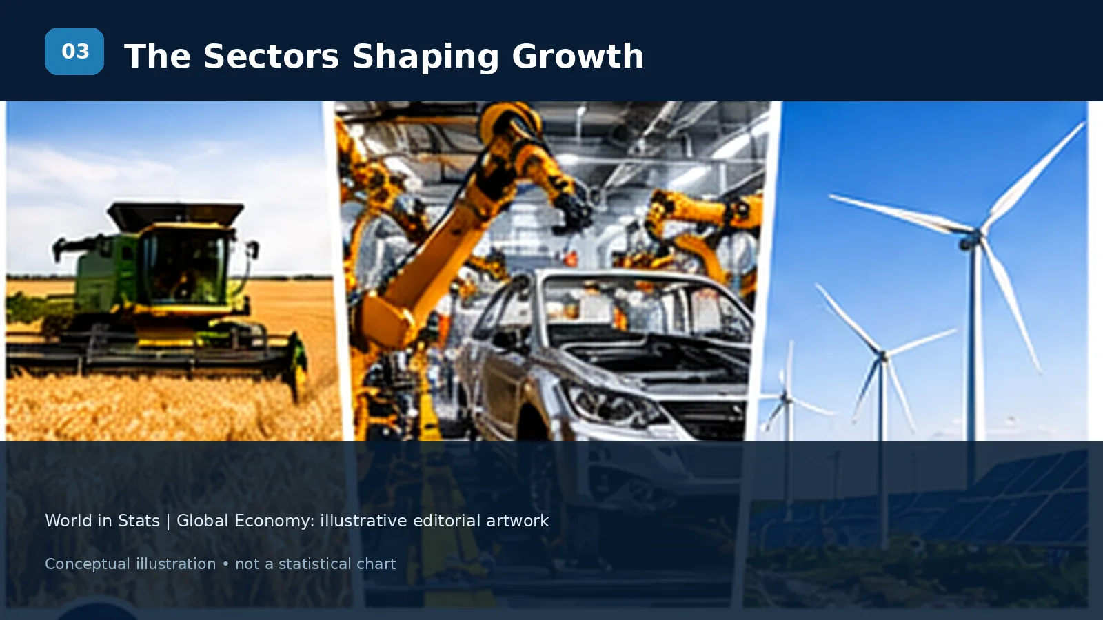 Illustration contrasting agriculture, industry, services and modern economic sectors.