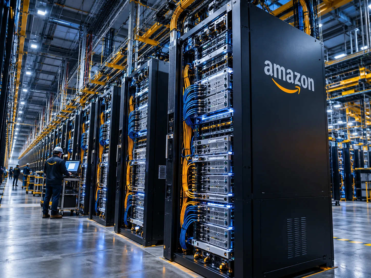 AI-generated illustration of computing racks and network cabling representing Amazon's AI infrastructure.