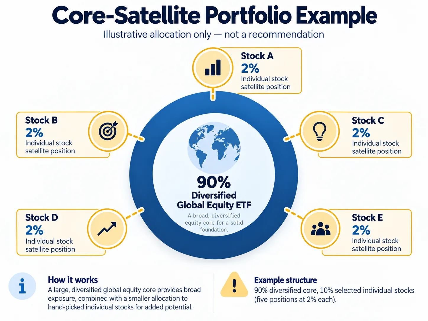 Illustrative core-satellite portfolio: a 90 percent diversified global equity ETF core and five fictional individual stock positions of 2 percent each, totalling a 10 percent satellite.