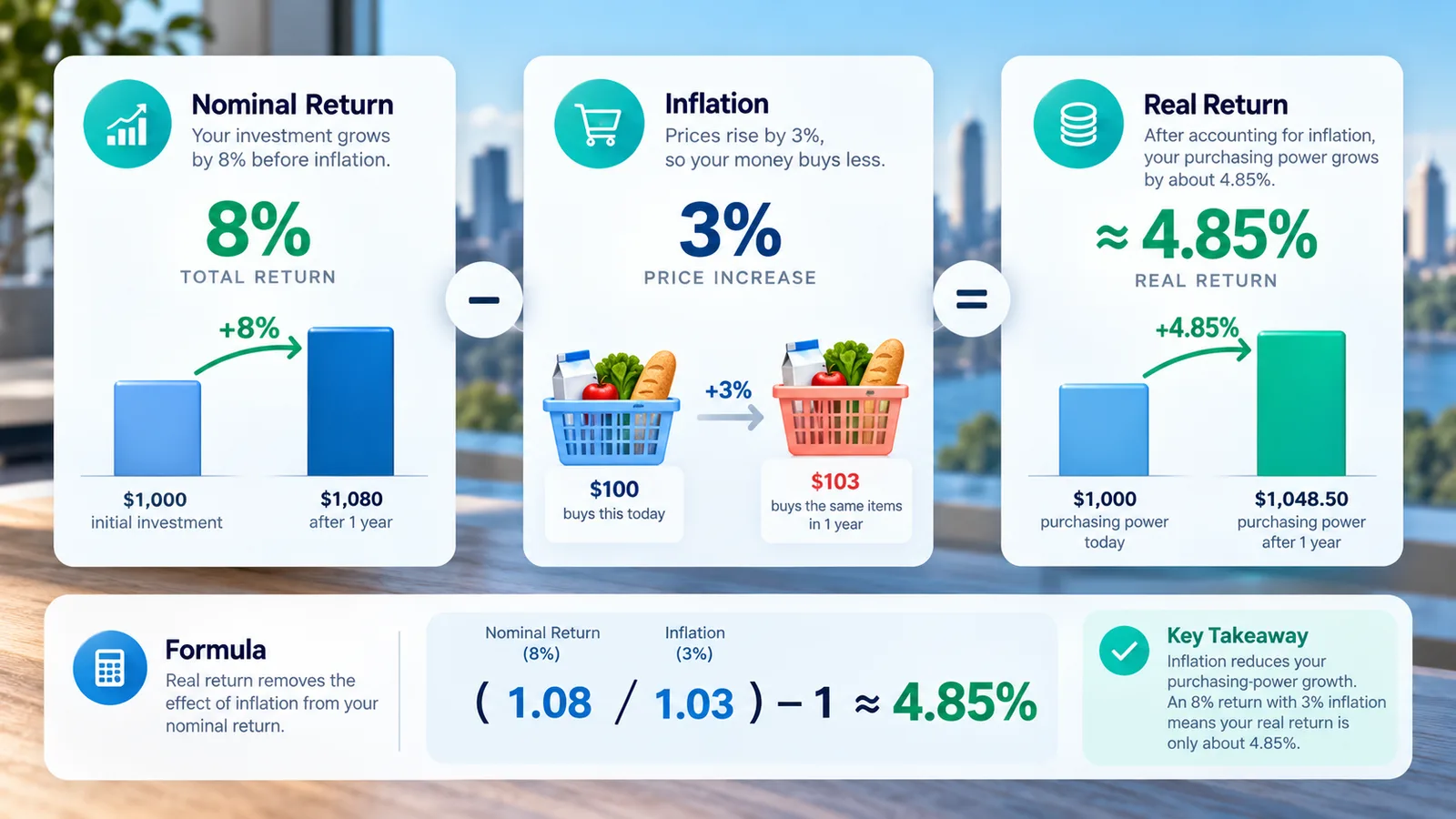 Illustration of nominal return, inflation and real purchasing-power growth.