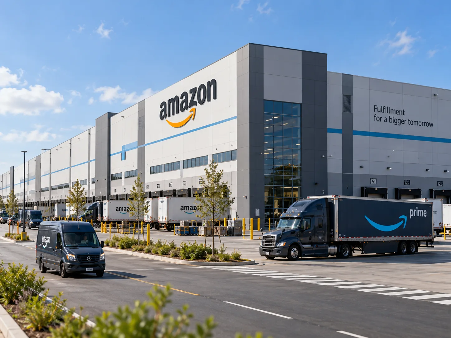 AI-generated illustration of a large Amazon-themed distribution facility and delivery trucks.