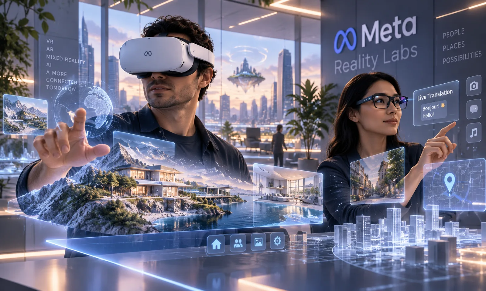 AI-generated mixed-reality laboratory concept with VR headset and smart glasses representing Reality Labs; fictional setting.