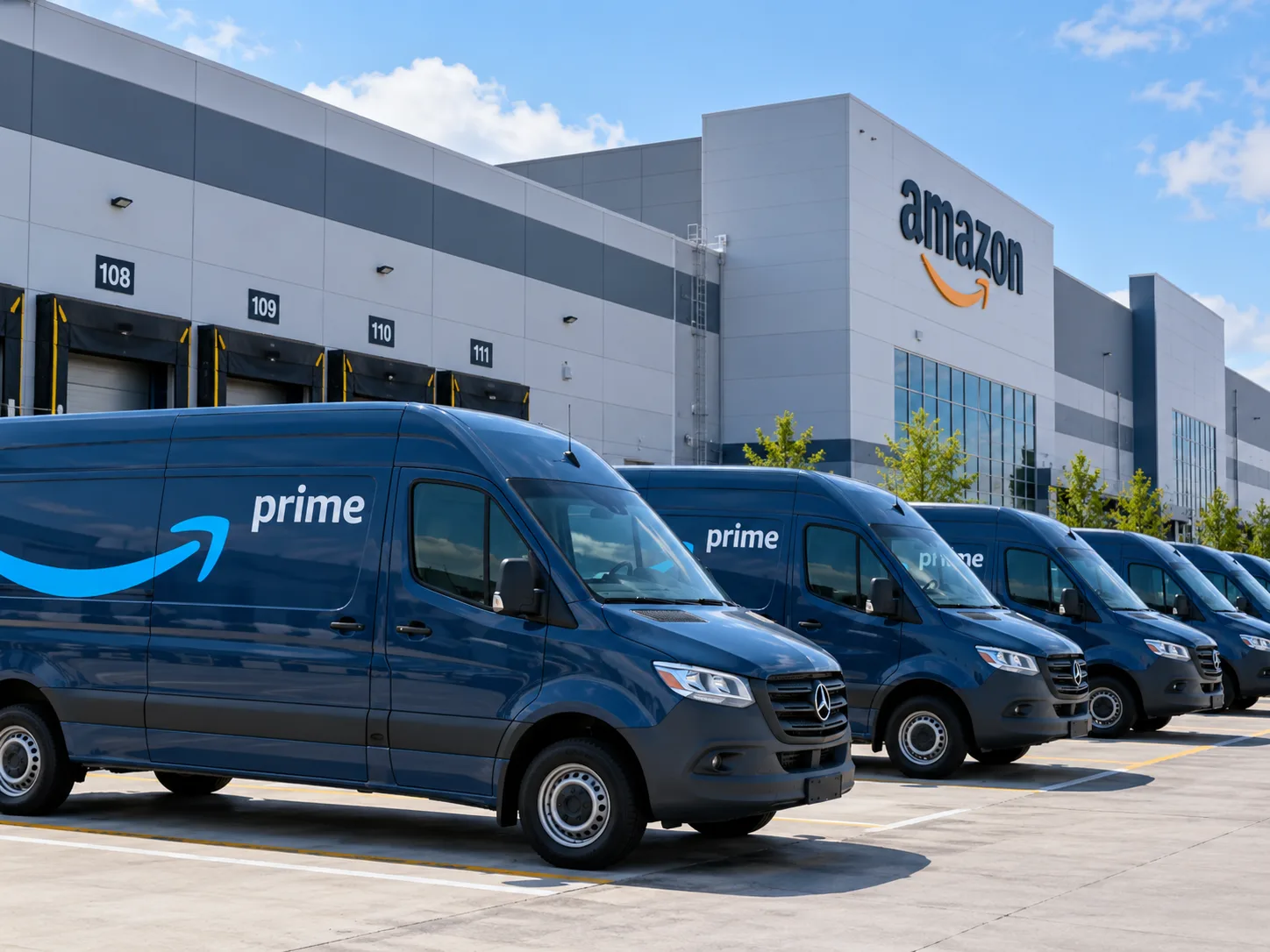 AI-generated illustration of Prime-style delivery vans outside a logistics centre.