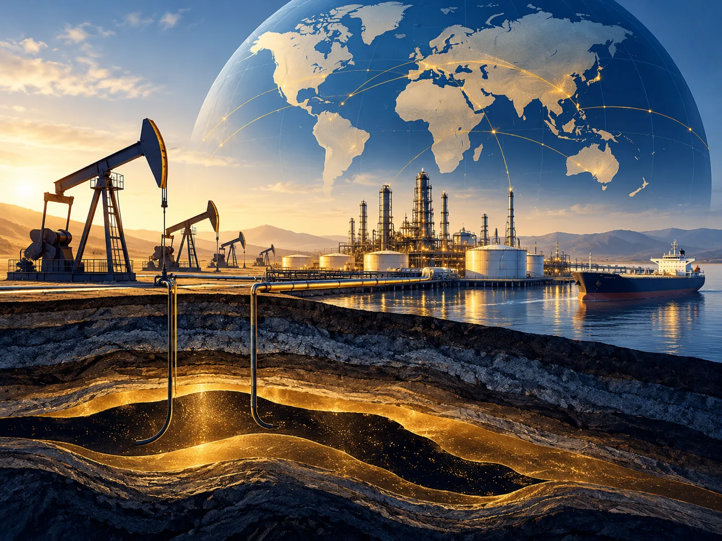 Conceptual global oil supply illustration with pumpjacks, refinery, tanker and underground deposits.