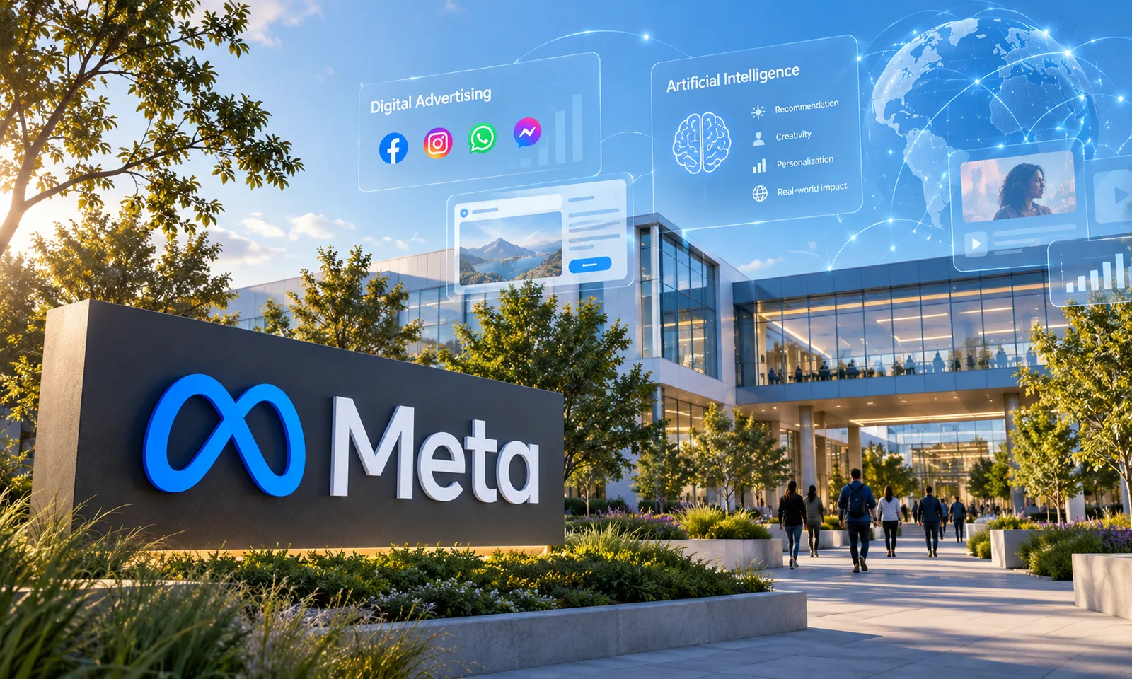 Conceptual AI-generated editorial illustration of Meta's corporate campus, digital advertising and artificial intelligence; not a photograph of actual facilities.