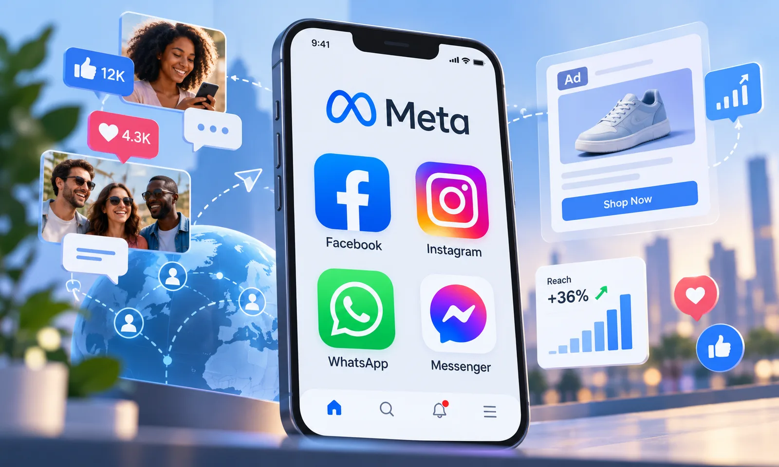 AI-generated illustration of the Facebook, Instagram, WhatsApp and Messenger ecosystem on a phone; illustrative interface and figures.