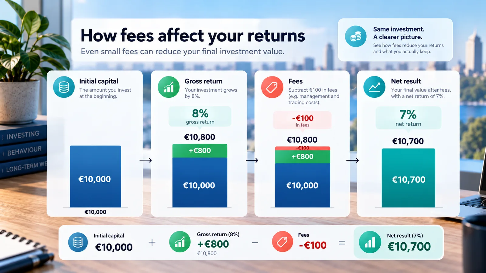 Illustration of the effect of a 100 euro charge on an investment earning an eight percent gross return.