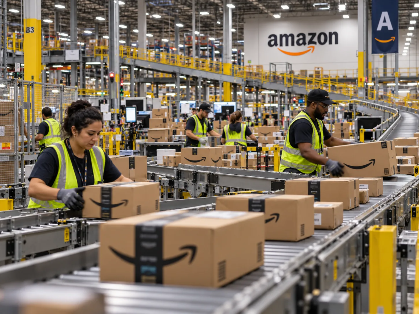 AI-generated illustration of parcel sorting and fulfilment workers in an Amazon-themed warehouse.