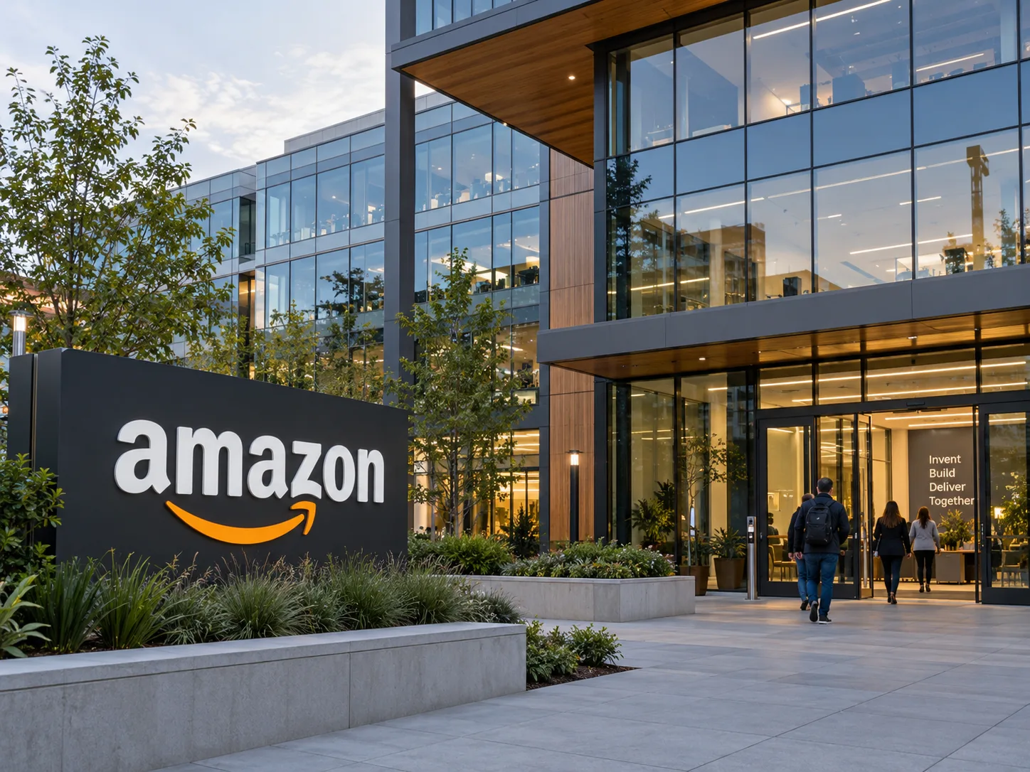 AI-generated illustration of a corporate office entrance with Amazon branding.