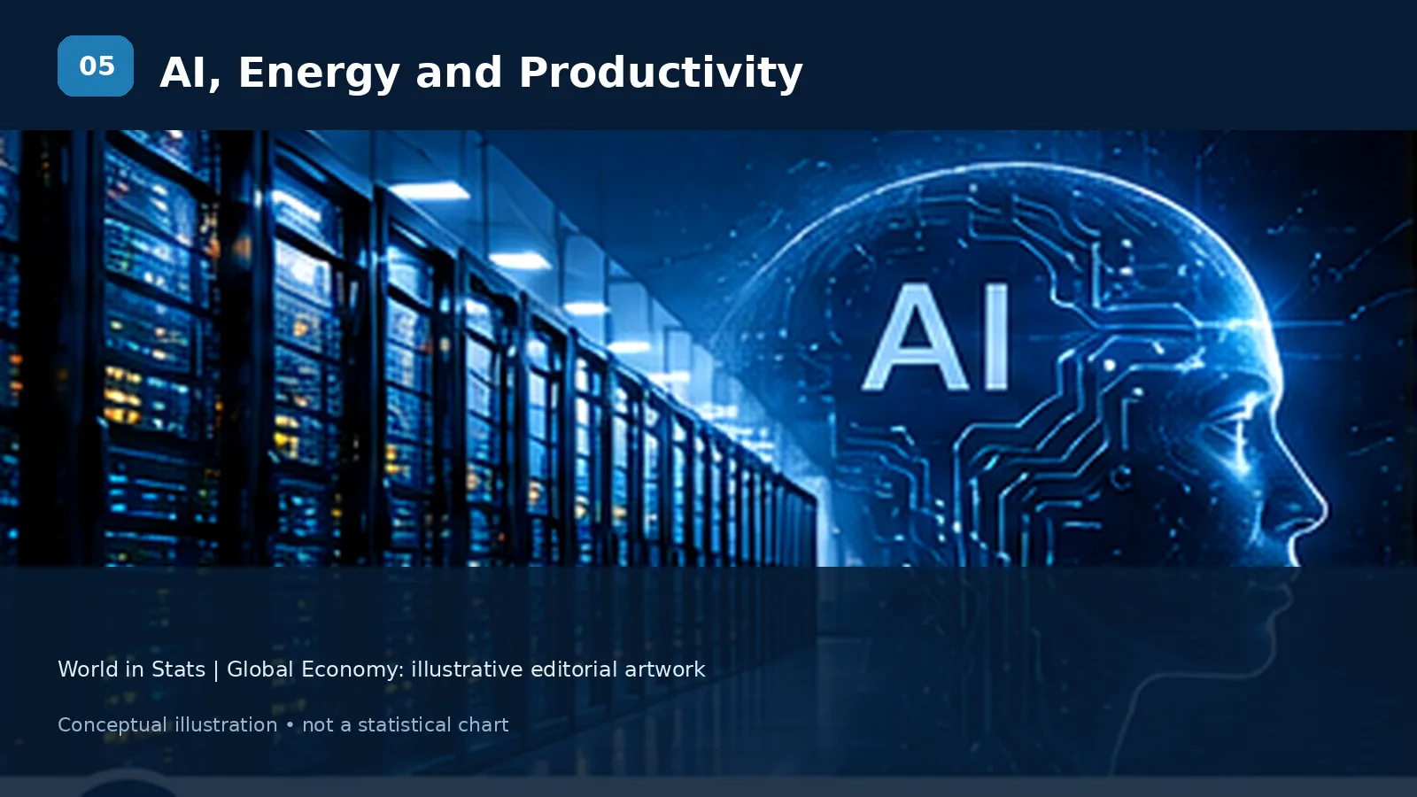 Illustration of AI data centres, power infrastructure and energy demand.