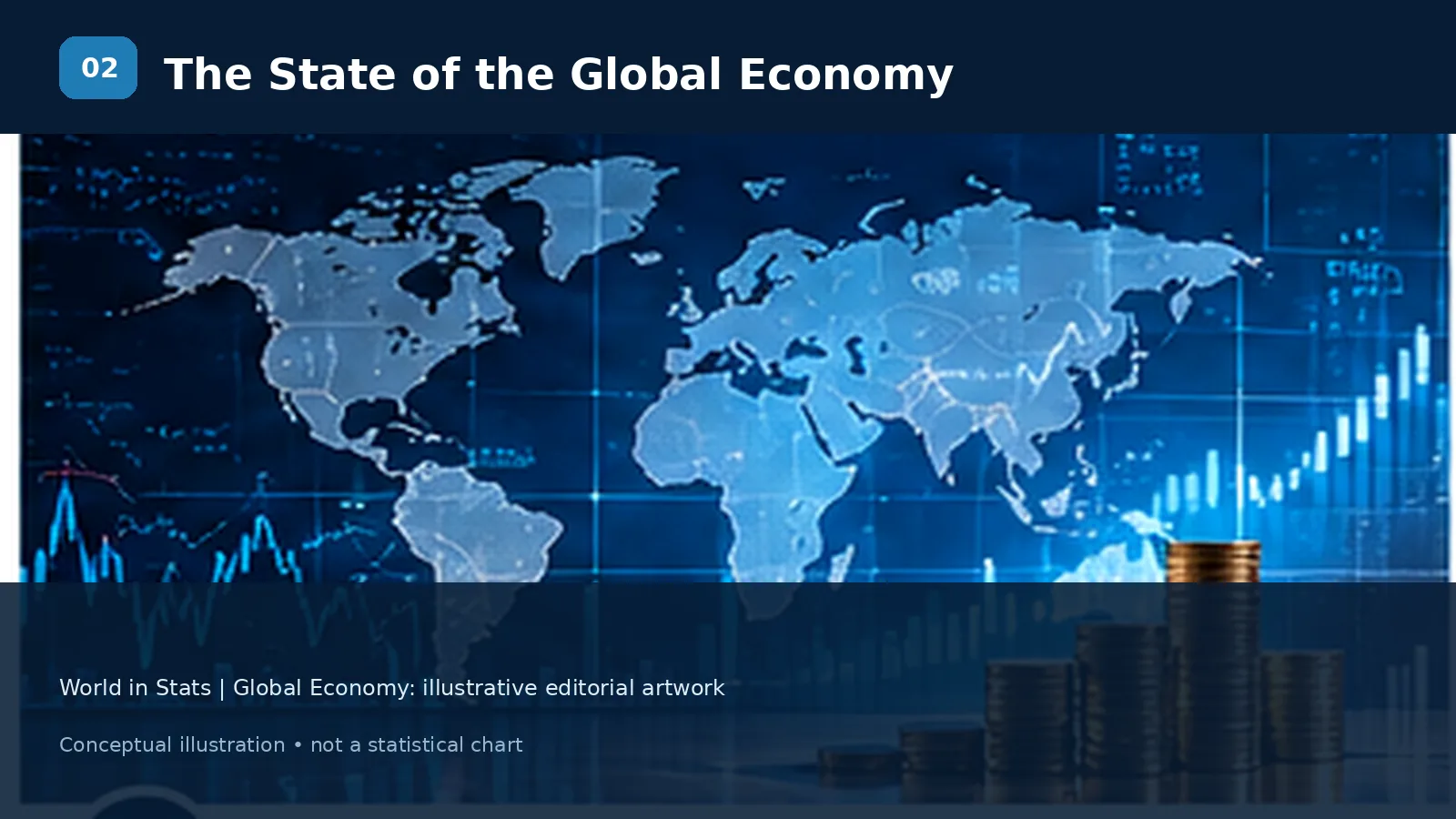 Editorial illustration of the world economy in 2026 with global economic indicators.